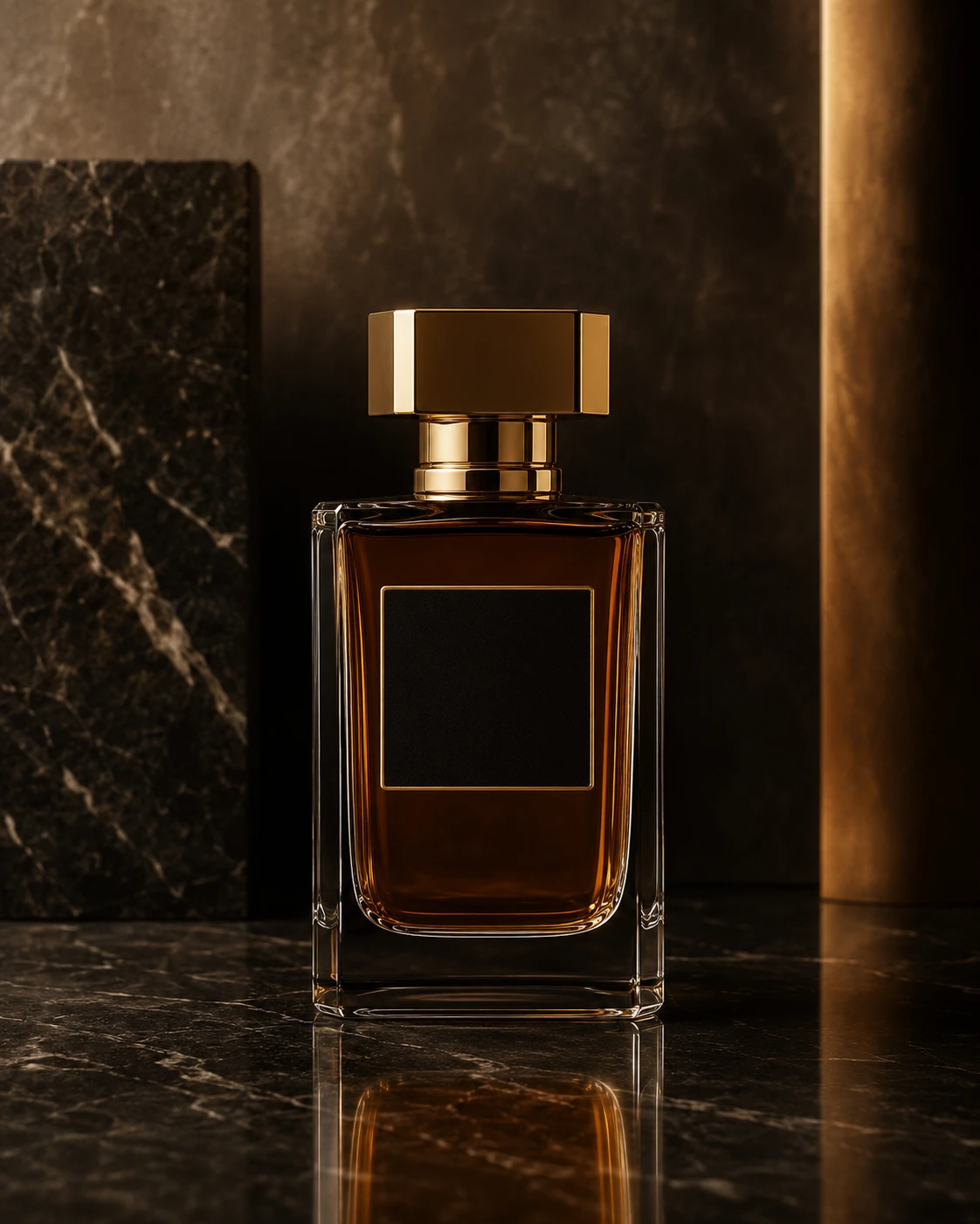 A rectangular amber-glass perfume bottle with a faceted gold cap and a blank black label plate, standing on polished dark marble against black stone and a column of warm gold light