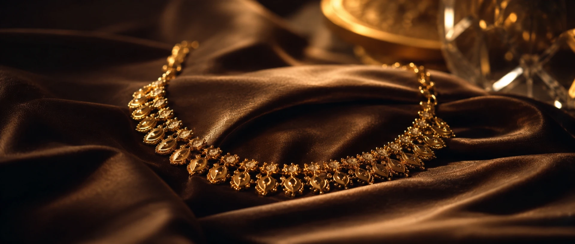 A gold collar necklace of navette-shaped links edged in granulation, each set with a small champagne stone, lying on chocolate-brown silk beside a gilded dish and cut crystal